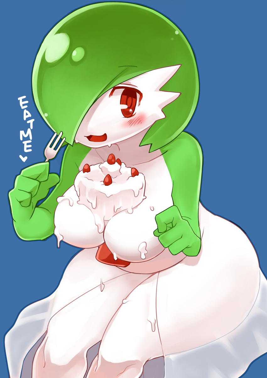 1girl :3 blush breasts cake feet female food food_on_body foot fork fruit gardevoir green_hair hair_over_one_eye heart highres large_breasts nintendo no_humans open_mouth pokemon red_eyes short_hair smile solo spoken_heart strawberry