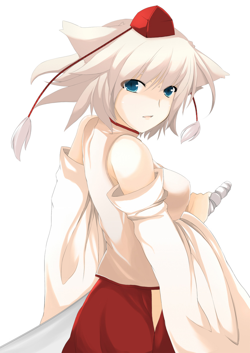 animal_ears blue_eyes detached_sleeves hat highres inubashiri_momiji meneru short_hair solo sword tokin_hat touhou weapon white_hair wolf_ears