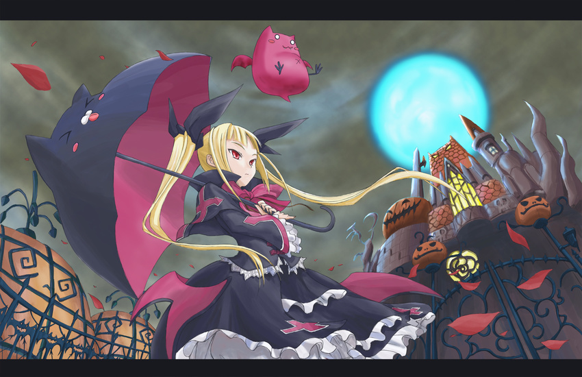 &gt;_&lt; animal_themed_umbrella bat black_umbrella blazblue blonde_hair bow castle cat chiita_(0420) closed_eyes dress frills gate gii gothic gothic_lolita hair_ribbon halloween highres jack-o'-lantern lolita_fashion long_hair moon nago night parasol petals pumpkin rachel_alucard red_bow ribbon twintails umbrella wind