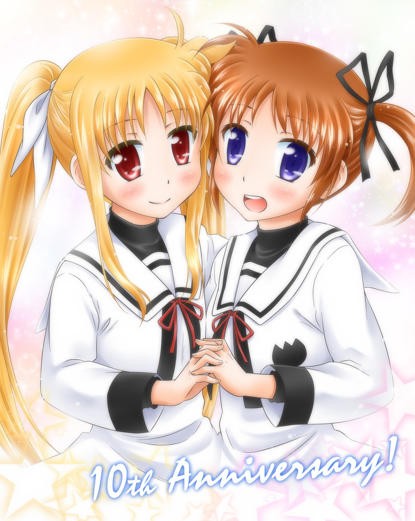 :d anniversary blonde_hair blush dress fate_testarossa hair_ribbon highres holding_hands long_hair long_sleeves lyrical_nanoha mahou_shoujo_lyrical_nanoha mahou_shoujo_lyrical_nanoha_a's multiple_girls open_mouth purple_eyes red_eyes red_hair ribbon school_uniform seishou_elementary_school_uniform shinozuki_takumi shiny shiny_hair short_twintails smile takamachi_nanoha twintails