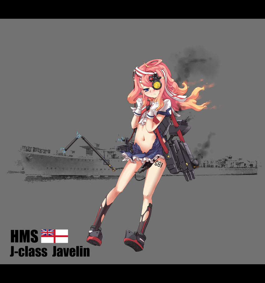 absurdres blonde_hair blue_eyes character_name english frown gloves gradient_hair highres hms_javelin javelin_(zhan_jian_shao_nyu) letterboxed multicolored_hair official_art photo_background pleated_skirt red_hair rigging royal_navy sirills skirt solo torn_clothes torn_skirt white_ensign white_gloves zhan_jian_shao_nyu