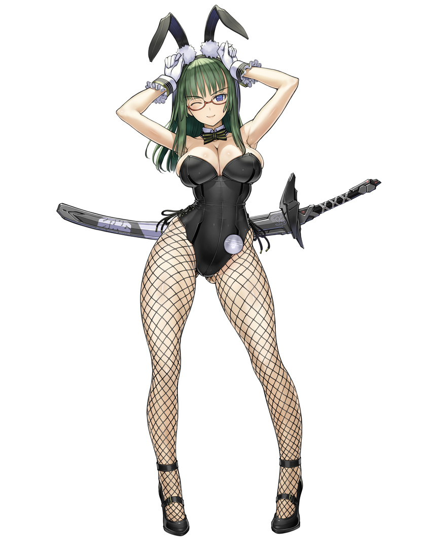 absurdres animal_ears armpits arms_up bad_id bad_pixiv_id bare_shoulders blue_eyes bow bowtie breasts bunny_ears bunnysuit cleavage detached_collar fishnet_pantyhose fishnets glasses gloves green_hair highres katana large_breasts long_hair long_legs looking_at_viewer nakabayashi_reimei one_eye_closed pantyhose phantasy_star phantasy_star_online_2 red-framed_eyewear semi-rimless_eyewear simple_background smile solo sword under-rim_eyewear weapon white_background white_gloves wrist_cuffs