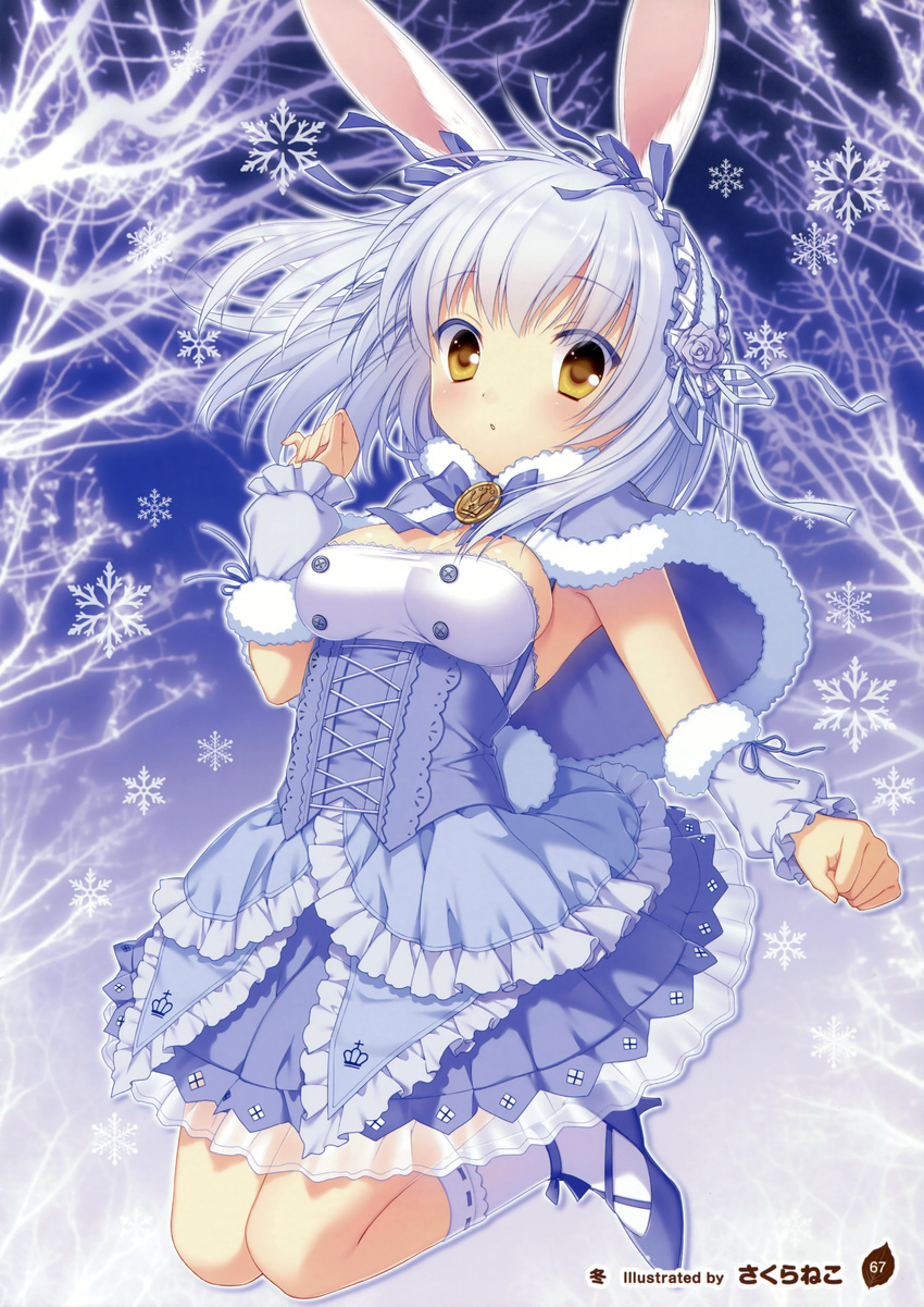 absurdres animal_ears blue_eyes blue_hair breasts bunny_ears capelet dress highres legs_up medium_breasts off_shoulder sakura_neko short_hair snowflakes solo yellow_eyes