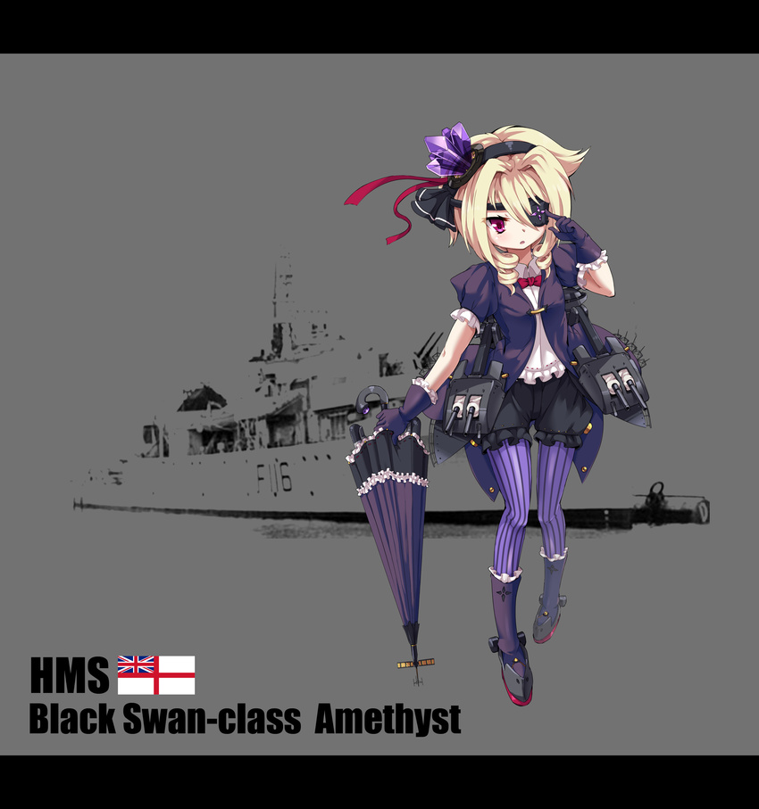 absurdres amethyst_(zhan_jian_shao_nyu) blonde_hair bow bowtie character_name closed_umbrella drill_hair english eyepatch gloves hairband highres hms_amethyst letterboxed official_art pantyhose photo_background red_eyes rigging royal_navy sirills solo striped striped_legwear twin_drills umbrella white_ensign zhan_jian_shao_nyu