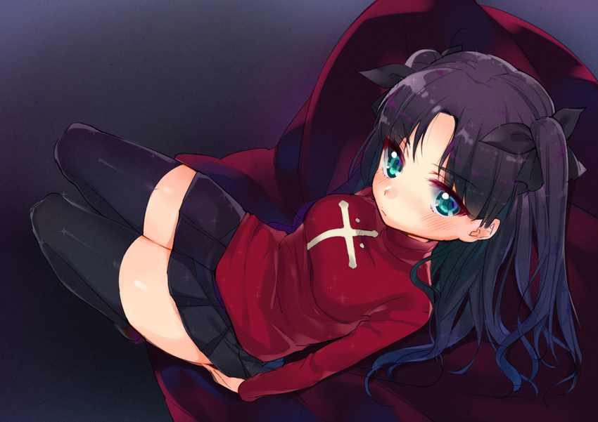 aqua_eyes bad_id bad_pixiv_id black_hair black_legwear blush fate/stay_night fate_(series) hair_ribbon long_hair looking_at_viewer mirei ribbon sitting skirt solo thighhighs toosaka_rin two_side_up zettai_ryouiki