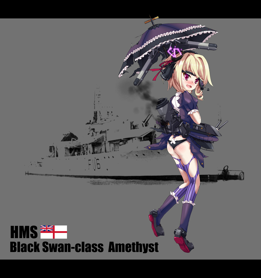 absurdres amethyst_(zhan_jian_shao_nyu) ass black_panties blonde_hair bow bowtie character_name drill_hair english eyepatch gloves hairband highres hms_amethyst letterboxed official_art panties pantyhose photo_background red_eyes rigging royal_navy sirills solo striped striped_legwear torn_clothes torn_eyepatch torn_legwear twin_drills umbrella underwear white_ensign zhan_jian_shao_nyu