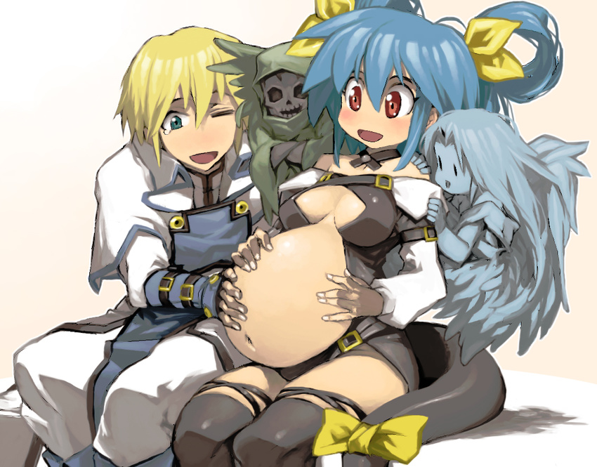 asymmetrical_wings bare_shoulders blonde_hair blue_hair breasts center_opening couple detached_sleeves dizzy guilty_gear hand_on_own_stomach happy happy_tears hetero ky_kiske medium_breasts necro_(guilty_gear) one_eye_closed over-kneehighs pregnant red_eyes ribbon sitting tail tail_ribbon tears thighhighs undine_(guilty_gear) wings ysk!