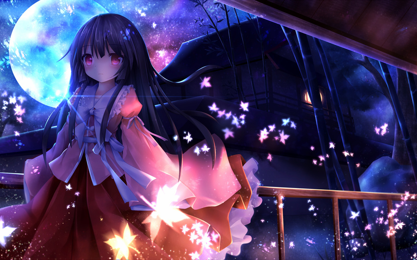 arm_ribbon bamboo black_hair blouse bow expressionless full_moon furomaaju_(fromage) glowing highres hime_cut houraisan_kaguya leaf long_hair long_sleeves looking_at_viewer maple_leaf moon night night_sky outdoors railing red_eyes ribbon skirt sky sleeves_past_wrists solo standing touhou