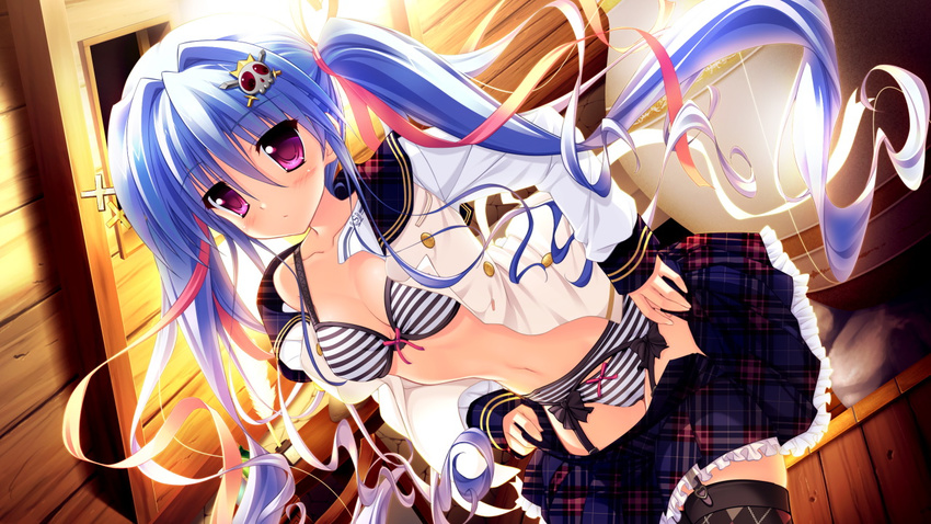 1girl blue_hair bra game_cg garter_belt hair_ornament long_hair luluna magical_marriage_lunatics!! moonstone navel panties purple_eyes ribbon school_uniform skirt striped striped_panties stripped twintails underwear undressing yamakaze_ran