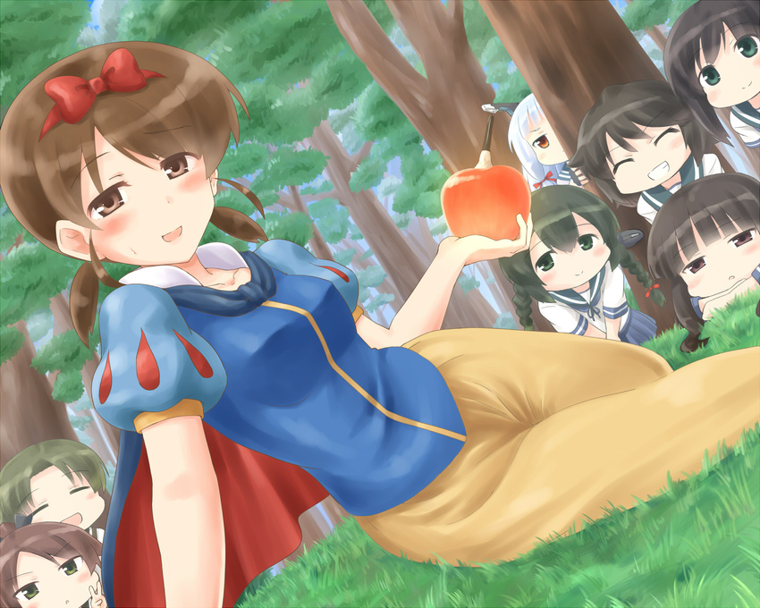 :d apple ayanami_(kantai_collection) black_hair blush bow braid brown_hair chibi closed_eyes commentary cosplay dress food forest fruit fubuki_(kantai_collection) green_eyes hair_bow hairband hatsuyuki_(kantai_collection) highres isonami_(kantai_collection) kamelie kantai_collection low_twintails miyuki_(kantai_collection) multiple_girls murakumo_(kantai_collection) namesake nature open_mouth puff_and_slash_sleeves puffy_sleeves red_eyes school_uniform serafuku shikinami_(kantai_collection) shirayuki_(kantai_collection) short_hair short_sleeves short_twintails silver_hair sitting skirt smile snow_white snow_white_(disney) snow_white_(disney)_(cosplay) snow_white_and_the_seven_dwarfs twin_braids twintails v