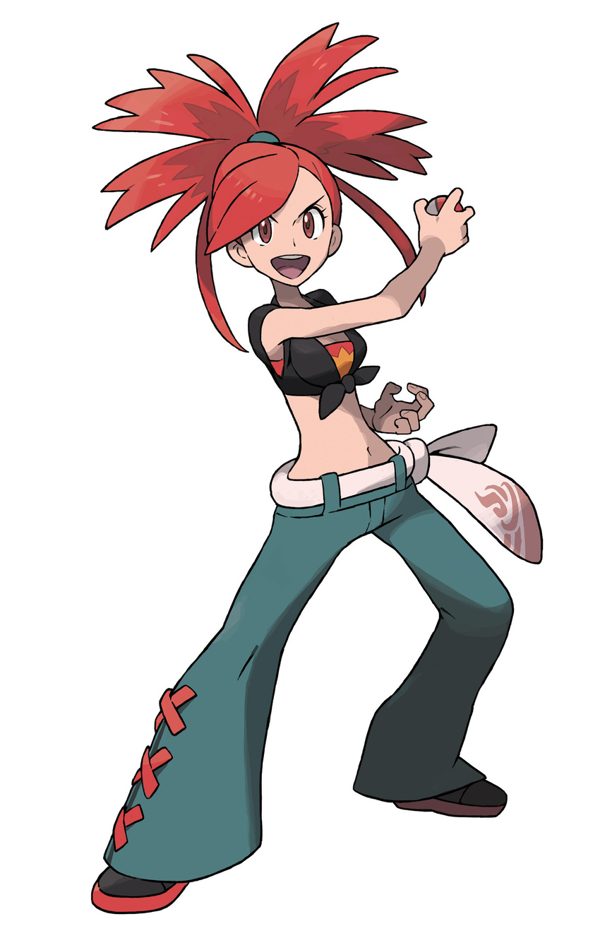 absurdres asuna_(pokemon) belt crop_top denim full_body gym_leader highres holding holding_poke_ball jeans long_hair midriff official_art open_mouth pants poke_ball pokemon pokemon_(game) pokemon_oras ponytail red_eyes red_hair shoes simple_background sleeveless smile solo sugimori_ken transparent_background yusuke_ohmura