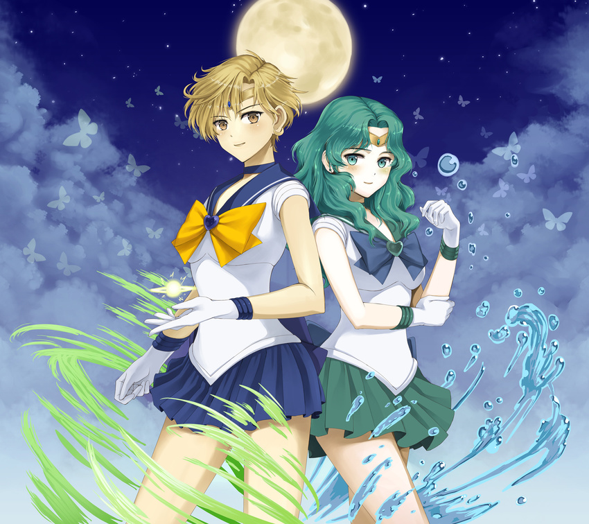 aqua_hair aqua_skirt bangs bishoujo_senshi_sailor_moon blonde_hair blue_choker blue_sailor_collar blue_skirt blush bow brooch brown_eyes bug butterfly choker circlet cloud earrings full_moon gloves heart highres insect jchoy jewelry kaiou_michiru light_smile looking_at_viewer moon multiple_girls night night_sky outer_senshi parted_bangs pleated_skirt sailor_collar sailor_neptune sailor_senshi sailor_senshi_uniform sailor_uranus short_hair skirt sky smile stud_earrings super_sailor_neptune super_sailor_uranus ten'ou_haruka very_short_hair water white_gloves yellow_bow