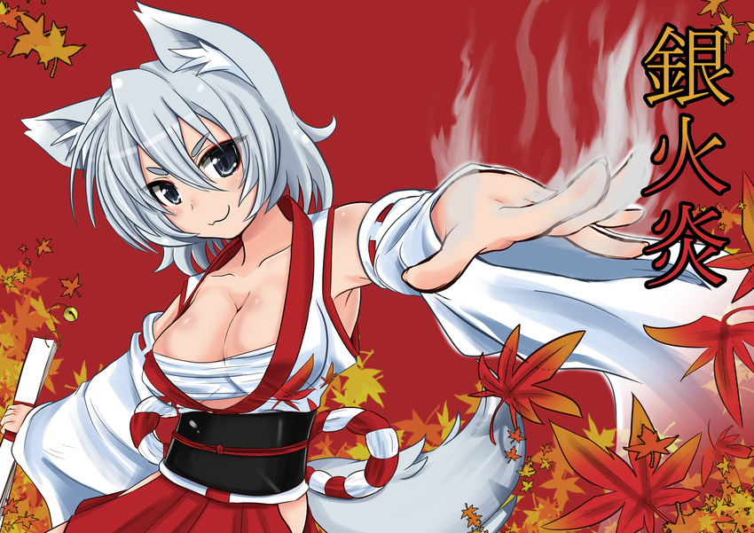 :3 absurdres animal_ears autumn_leaves bare_shoulders bell breasts cleavage collarbone detached_sleeves fan grey_eyes highres inubashiri_momiji japanese_clothes large_breasts leaf looking_at_viewer mint_(cerbi) no_hat no_headwear red_background sarashi short_hair silver_hair solo tail touhou translation_request wolf_ears wolf_tail