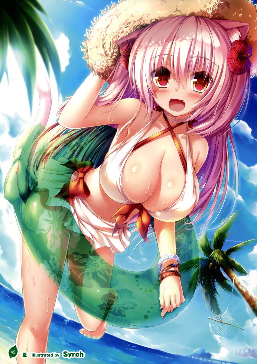 :d absurdres animal_ears artist_name beach bikini bikini_skirt bracelet breasts cat_ears cat_tail cleavage cloud collarbone criss-cross_halter day dutch_angle fang flower hair_flower hair_ornament halter_top halterneck hammock hat hibiscus highres innertube jewelry large_breasts long_hair looking_at_viewer ocean open_mouth original outdoors palm_tree pink_eyes pink_hair sand see-through shia_flatpaddy shiny shiny_skin sky smile solo straw_hat sun_hat sweat swimsuit syroh tail tree watermark white_bikini