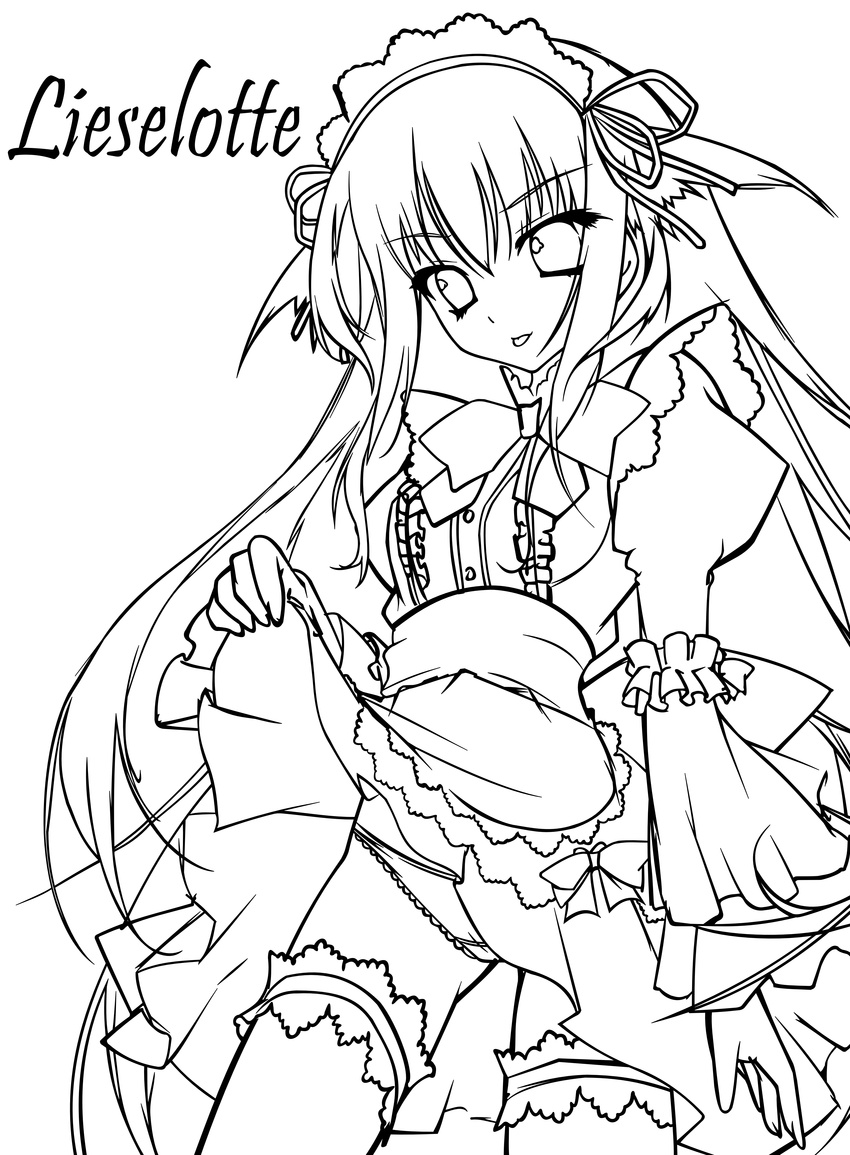 11eyes 1girl absurdres dress dress_lift garters headdress highres lisette_vertorre maid monochrome panties smile solo tongue tongue_out underwear vector_trace white_hair