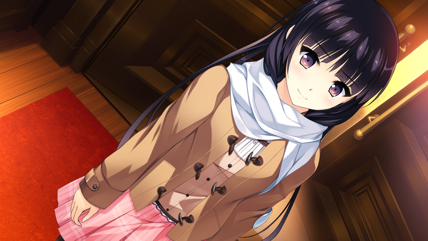 1girl absurdres black_hair blush breasts carpet door dutch_angle game_cg habane_kotori highres jacket kono_oozora_ni_tsubasa_wo_hirogete long_hair looking_away medium_breasts pink_skirt plaid plaid_skirt purple_eyes purple_hair scarf skirt smile solo standing wooden_floor yashima_takahiro