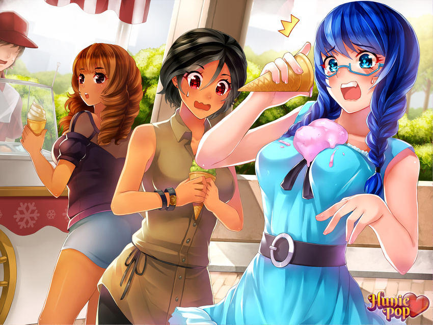 beli_lapran black_hair blue-framed_eyewear blue_eyes blue_hair blush braid breasts brown_hair casual commentary copyright_name dark_skin dojikko dress drill_hair fang food glasses heart highres huniepop ice_cream ice_cream_cone ice_cream_cone_spill kaskia large_breasts lola_rembrite long_hair miniskirt multiple_girls nikki_ann-marie off-shoulder_shirt official_art open_mouth promotional_art quad_drills red_eyes see-through semi-rimless_eyewear shirt short_hair skirt sleeveless soft_serve sweatdrop twin_braids under-rim_eyewear watermark wavy_mouth