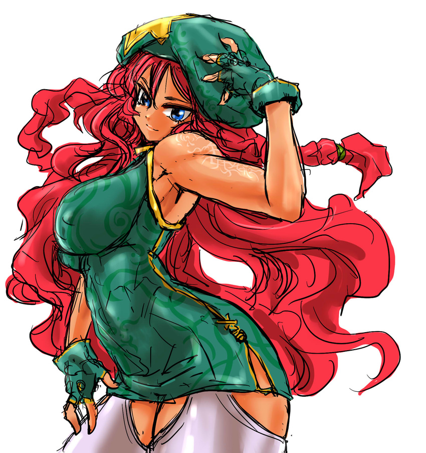 alternate_costume alternate_skin_color bare_shoulders beret blue_eyes breasts china_dress chinese_clothes dress gloves green_dress green_gloves hat highres hong_meiling large_breasts ledjoker07 long_hair looking_at_viewer muscle muscular_female red_hair short_dress sketch solo standing tan tattoo thighhighs touhou wavy_hair white_legwear zettai_ryouiki