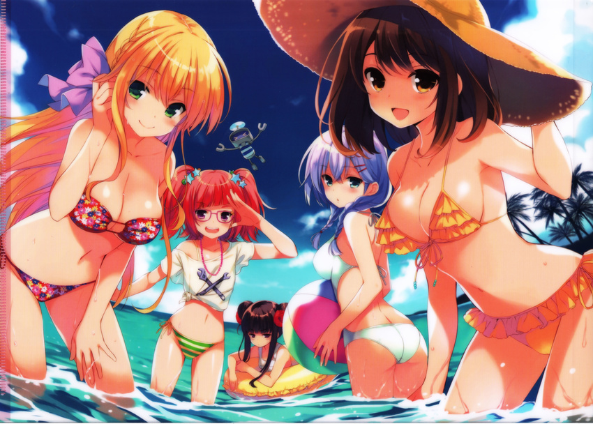 :d absurdres ass bikini black_hair blonde_hair breasts brown_eyes brown_hair cleavage day fisheye frilled_bikini frills front-tie_bikini front-tie_top girlfriend_(kari) glasses green_bikini green_eyes hat highres innertube large_breasts medium_breasts mochizuki_erena multiple_girls murakami_fumio navel nejikawa_raimu open_mouth palm_tree pink_bikini pink_hair purple_hair qp:flapper scan shiina_kokomi shiny shiny_skin shiranui_isuzu shirt short_twintails smile strap_gap strapless straw_hat striped striped_bikini swimsuit tied_shirt tree twintails wading white_bikini white_swimsuit wrench yellow_bikini