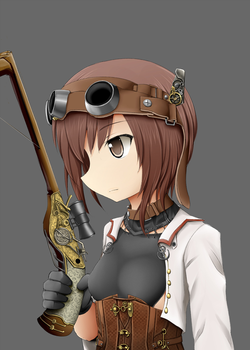adapted_costume alternate_headgear black_gloves bow_(weapon) brown_eyes brown_hair coat crossbow gears gloves goggles goggles_on_head grey_background highres kantai_collection profile quality scope short_hair simple_background solo steampunk sudo_shinren taihou_(kantai_collection) upper_body weapon
