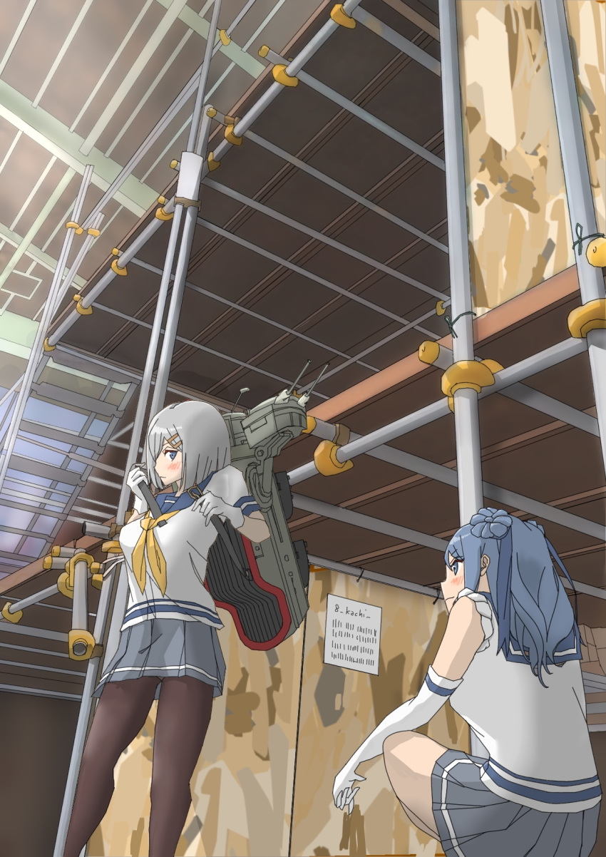 2girls architecture artist_name black_legwear blue_eyes blue_hair blue_ribbon blush breasts closed_mouth construction double_bun elbow_gloves eye_contact gloves grey_skirt hair_ornament hair_ribbon hairclip hamakaze_(kantai_collection) highres indoors kachi_(kachi5100) kantai_collection long_hair looking_at_another machinery multiple_girls neckerchief pantyhose paper pleated_skirt ribbon rigging school_uniform serafuku short_hair short_sleeves silver_hair sitting skirt sleeves_rolled_up smile stairs strap turret urakaze_(kantai_collection) weapon white_gloves wooden_floor yellow_neckwear