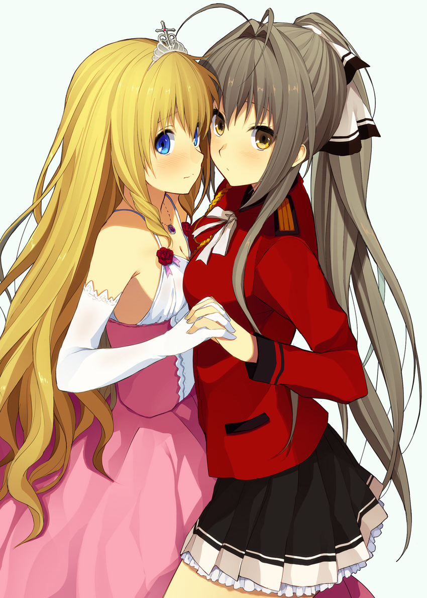 3: :/ aiguillette amagi_brilliant_park blonde_hair blue_eyes breasts brown_eyes brown_hair cleavage dress elbow_gloves gloves gown highres holding_hands interlocked_fingers itsui_(dihydrogenmonoxid) jewelry latifa_fleuranza long_hair looking_at_viewer md5_mismatch multiple_girls necklace pleated_skirt ponytail princess sento_isuzu skirt small_breasts tiara white_gloves