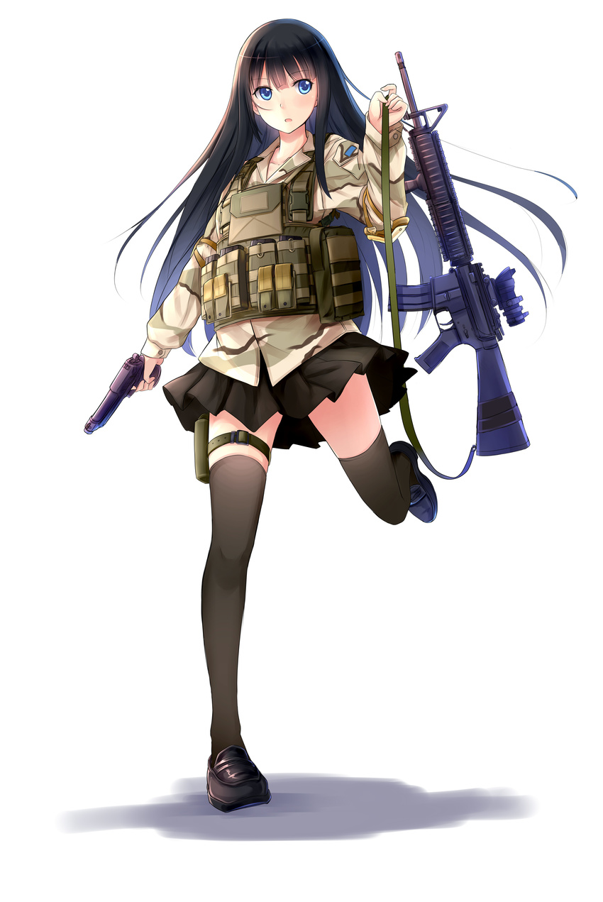 :o absurdres acog allenes aqua_eyes artist_name assault_rifle beretta_92 black_hair black_legwear blue_eyes blue_hair bulletproof_vest dated elbow_pads finger_on_trigger gun handgun highres load_bearing_vest long_hair m16a4 military_operator multicolored_hair original pistol rifle shoes signature sling solo thighhighs uniform very_long_hair vest weapon