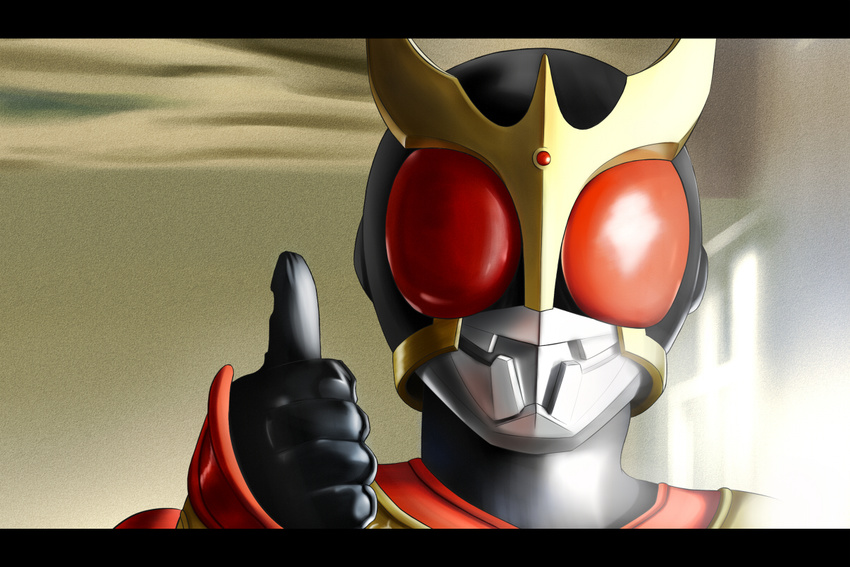 horns kamen_rider kamen_rider_kuuga kamen_rider_kuuga_(series) letterboxed male_focus qontamblue red_eyes solo thumbs_up upper_body