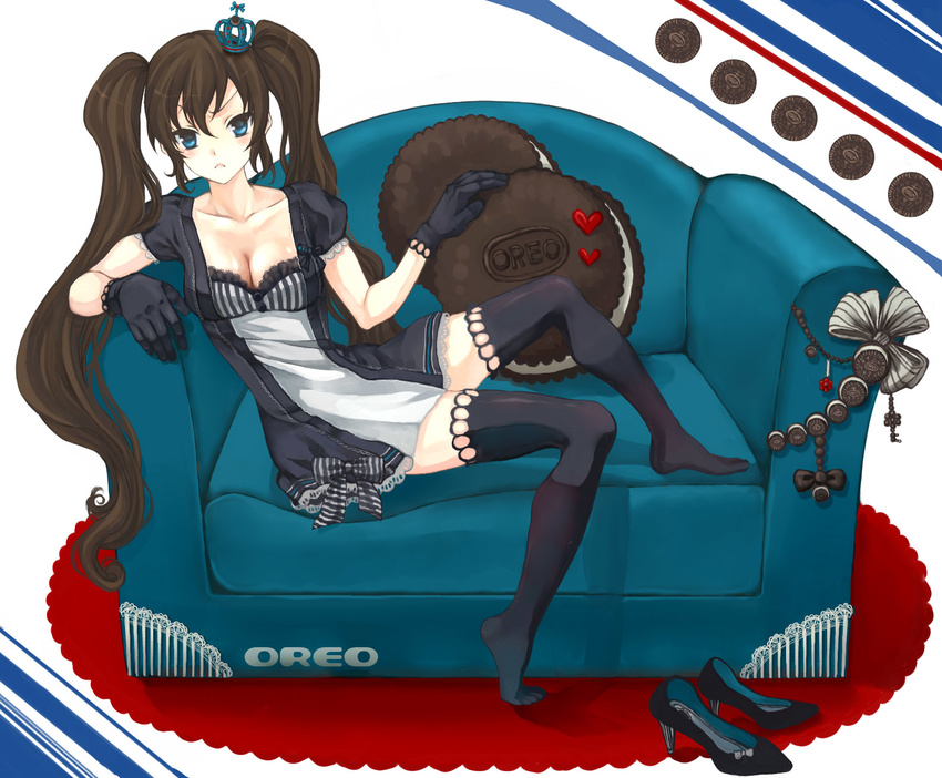 :&lt; anko_kinako blue_eyes breasts brown_hair cleavage couch gloves heart high_heels highres legs long_hair medium_breasts oreo original product_placement shoes sitting solo thighhighs twintails