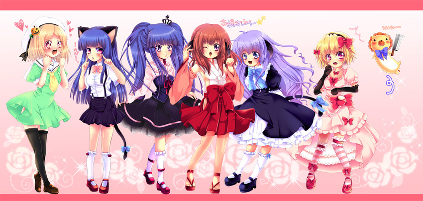 animal_ears bad_id bad_pixiv_id blonde_hair bow cat_ears cat_tail cosplay costume_switch dress frederica_bernkastel frederica_bernkastel_(cosplay) furude_rika furude_rika_(cosplay) green_skirt hanyuu hanyuu_(cosplay) hatchet highres higurashi_no_naku_koro_ni horie_yui houjou_satoko houjou_satoko_(cosplay) juugoya_neko lambdadelta lambdadelta_(cosplay) lion multiple_girls nose_hatchet pink_bow sailor_dress sakutarou seiyuu_connection skirt stuffed_animal stuffed_lion stuffed_toy tail thighhighs umineko_no_naku_koro_ni ushiromiya_maria ushiromiya_maria_(cosplay)