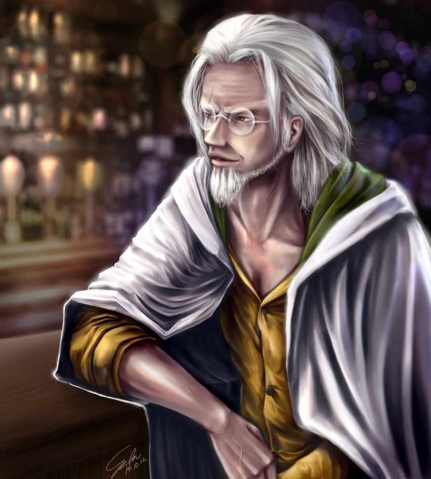 1boy bar beard cloak drink facial_hair flask glasses gray_hair grey_hair long_hair male male_focus one_piece sabaody_archipelago scar shirt silvers_rayleigh sitting solo szlen yellow_shirt