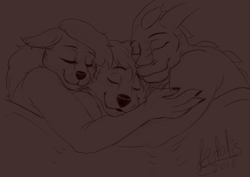 2018 anthro bed bisexual blush bottomless canine clothed clothing dark digital_drawing_(artwork) digital_media_(artwork) dragon feline female fur group group_sex hair kotalis male male/female male/male mammal muscular muscular_male night nitadil nude pose scalie sex simple_background sketch sleeping smile three threesome wolf