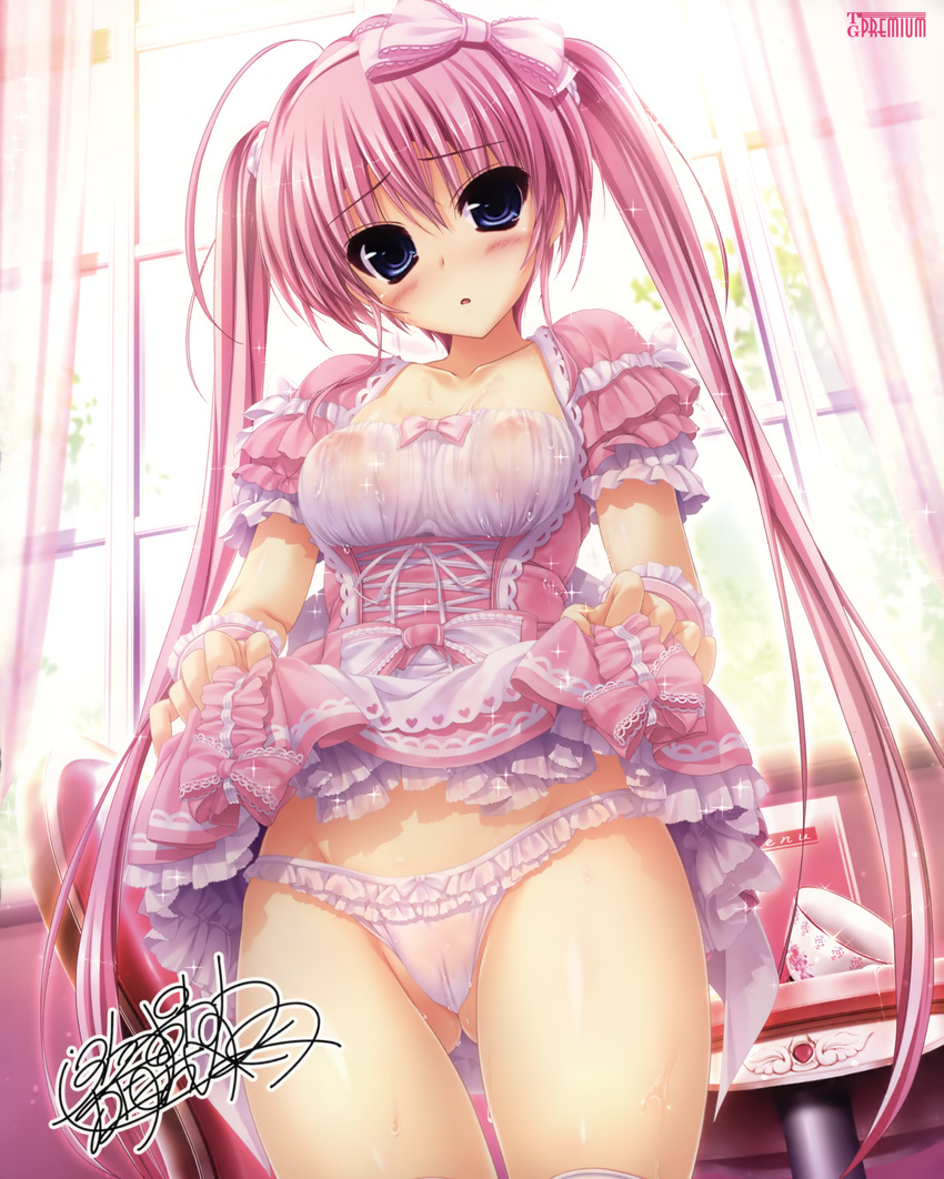 :o absurdres benifuzi_yuria blue_eyes blush bow bow_panties breasts cameltoe covered_nipples curtains dress dress_lift frilled_dress frilled_panties frills hair_bow highres layered_skirt medium_breasts nipples oshiki_hitoshi panties pink pink_hair sakigake_generation! see-through short_sleeves signature skirt skirt_lift sparkle twintails underwear white_panties window wrist_cuffs