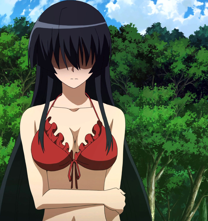 1girl akame akame_ga_kill! bare_shoulders black_hair bra breasts cleavage frills highres long_hair medium_breasts red_bra screencap solo standing stitched swimsuit underwear