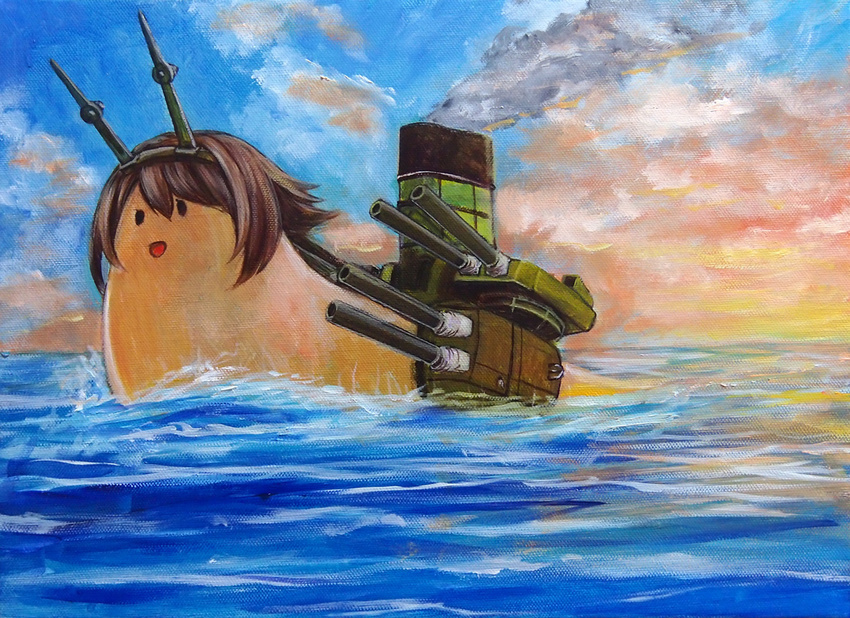 brown_hair cloud headgear kantai_collection mutsu_(kantai_collection) mutsu_(snail) no_humans ocean oil_painting_(medium) open_mouth ship short_hair sky smile tafuto traditional_media water watercraft