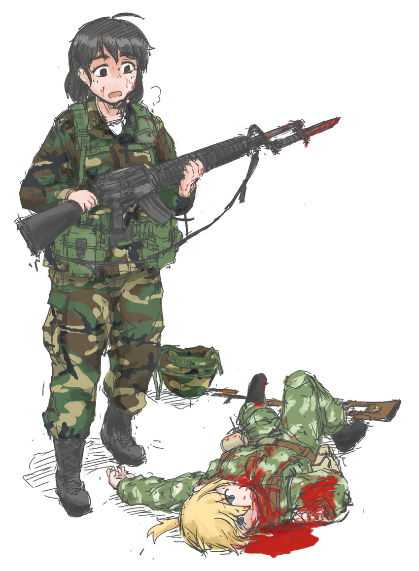 america ammunition_pouch anya_(dutchko) assault_rifle bad_id bad_pixiv_id bayonet black_eyes black_hair blonde_hair blood blue_eyes boots camouflage corpse death dragunov_svd dutchko gun helmet highres klmk_(camo) load_bearing_equipment m16a2 m81_woodland_(camo) military military_uniform multiple_girls original ponytail pouch rifle short_hair simple_background sniper_rifle soldier soviet sweat uniform war weapon woodland_pattern