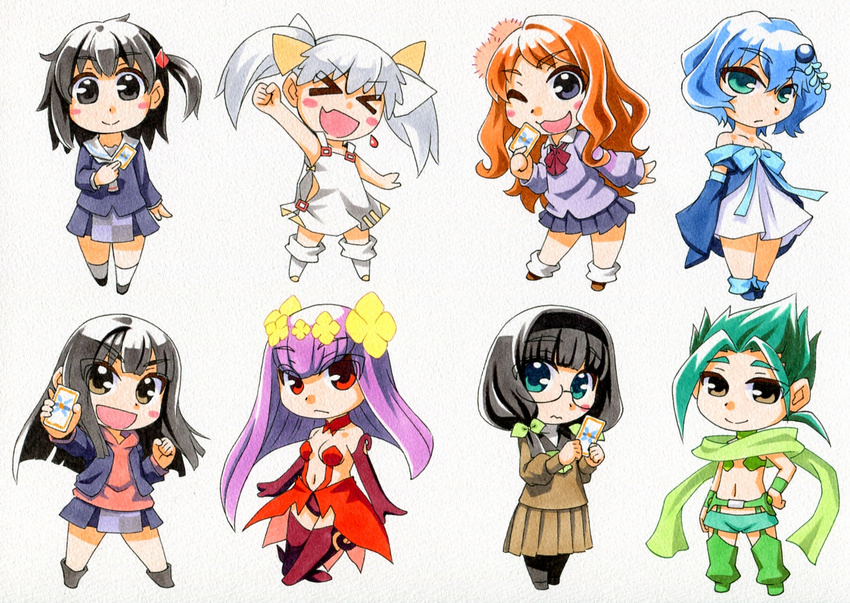 &gt;_&lt; :d ;d aoi_akira aqua_eyes black_eyes black_hair blue_hair blush_stickers breasts brown_eyes brown_hair card chibi cleavage clenched_hand closed_eyes glasses green_hair hair_ornament hairband hanayo_(wixoss) holding kawachi_koorogi kominato_ruuko kurebayashi_yuzuki long_hair low_twintails medium_breasts midoriko_(wixoss) multiple_girls navel one_eye_closed open_mouth pantyhose piruluk pleated_skirt purple_hair raised_fist red_eyes school_uniform selector_wixoss serafuku short_hair skirt small_breasts smile tama_(wixoss) thighhighs twintails uemura_hitoe v-shaped_eyebrows wavy_mouth white_hair wixoss xd