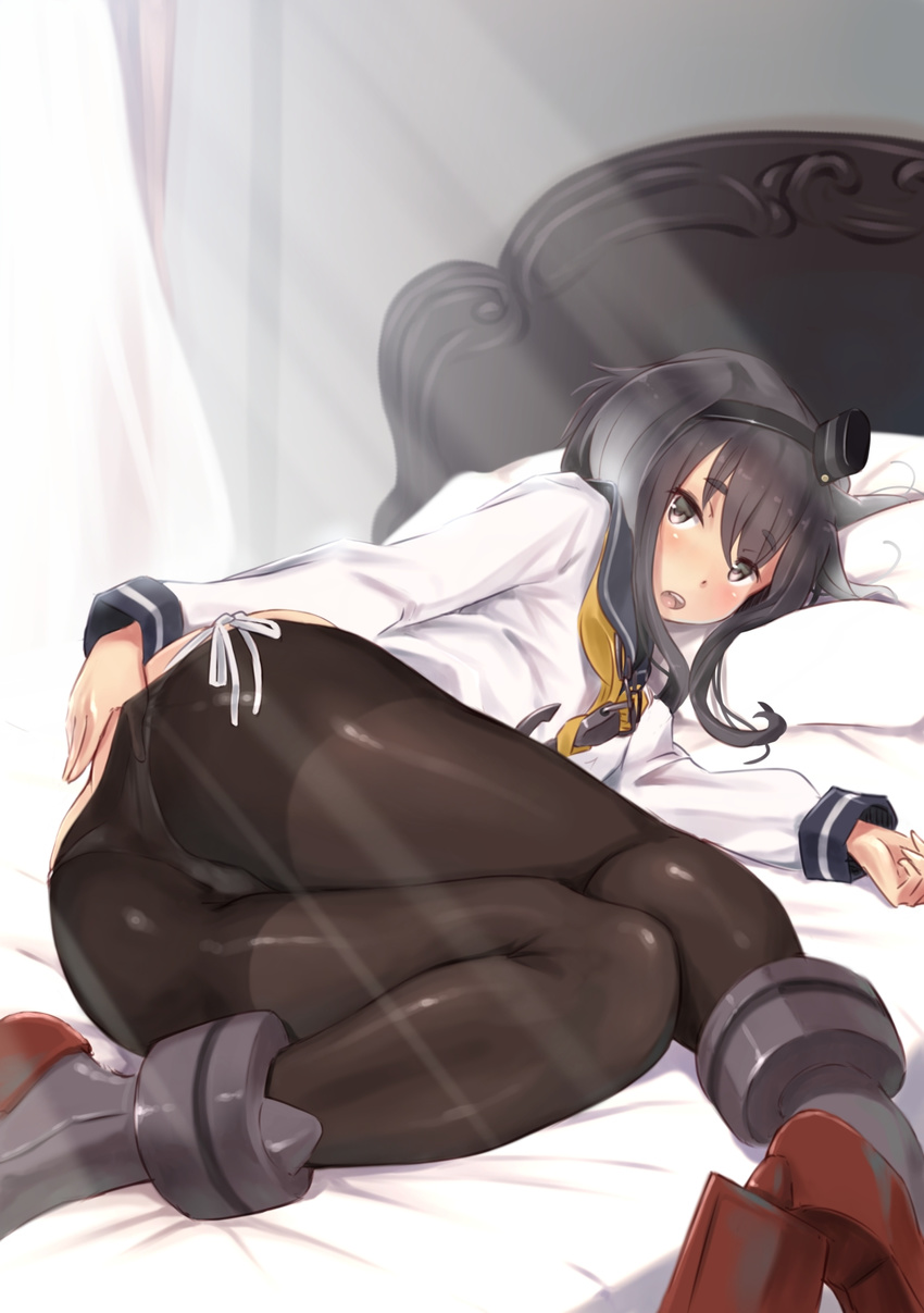 ankle_boots ass bed black_hair black_legwear blush boots dress gradient_hair hairband hand_in_pantyhose high_heel_boots high_heels highres kantai_collection looking_at_viewer lying multicolored_hair on_side open_mouth panties panties_under_pantyhose pantyhose pillow sailor_dress school_uniform short_hair short_hair_with_long_locks side-tie_panties solo tokitsukaze_(kantai_collection) underwear wa_(genryusui) white_panties