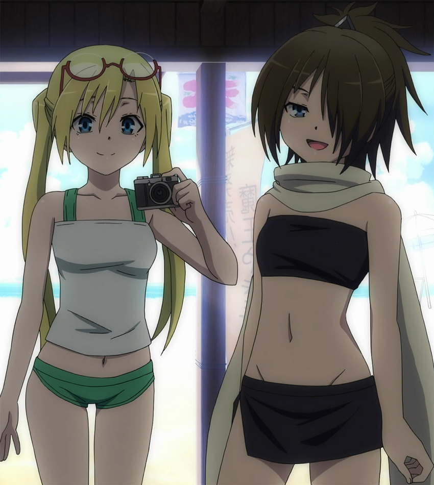 2girls bandeau bandeau_bikini beach bikini bikini_skirt blonde_hair blue_eyes brown_hair camera glasses glasses_on_head hair_over_one_eye kazama_levi kazama_levy megane multiple_girls navel red-framed_glasses scarf screencap selina_sherlock short_hair smile swimsuit tankini trinity_seven twintails