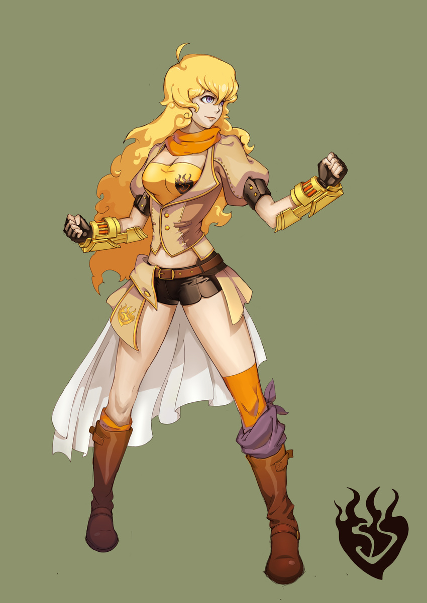 absurdres ahoge belt blonde_hair boots breasts cleavage fingerless_gloves gauntlets gloves green_background highres large_breasts lips long_hair mismatched_legwear ple2738205 purple_eyes rwby short_shorts shorts smile thighhighs yang_xiao_long