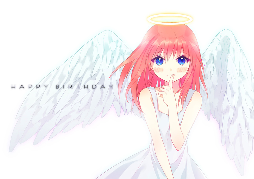 angel angel_wings bad_id bad_pixiv_id blue_eyes dress finger_to_mouth gintama halo happy_birthday kagura_(gintama) long_hair looking_at_viewer mirei red_hair smile solo white_dress wind wings