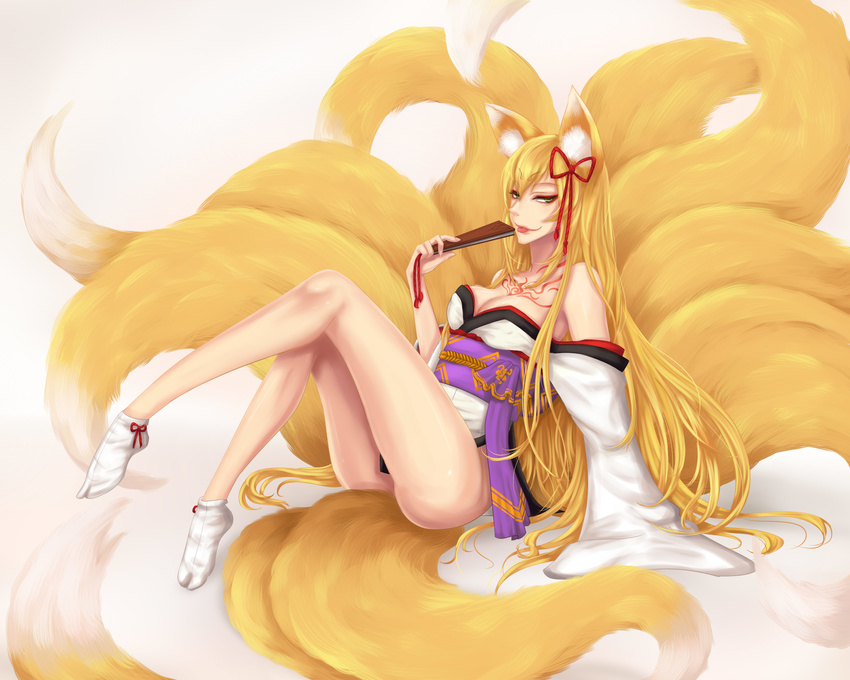 :p animal_ear_fluff animal_ears bare_shoulders blonde_hair bottomless bow breast_tattoo breasts cleavage fan folding_fan fox_ears fox_tail full_body green_eyes hair_bow highres japanese_clothes jing_li large_breasts large_tail lipstick long_hair makeup mon-musu_quest! multiple_tails sash simple_background sitting smile solo spoilers tabi tail tamamo_(mon-musu_quest!) tattoo tongue tongue_out very_long_hair wide_sleeves