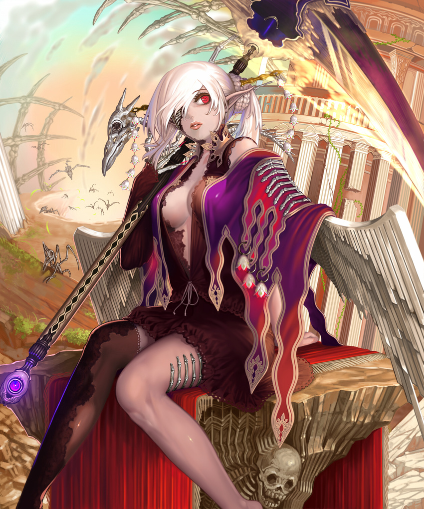 breasts center_opening cloud hair_over_one_eye highres large_breasts lips long_hair mega5155214x red_eyes scythe shingoku_no_valhalla_gate single_thighhigh sitting skeleton sky solo thighhighs white_hair