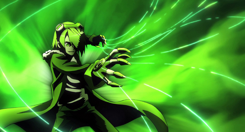 akame_ga_kill! gloves goggles goggles_on_head green_background green_eyes green_hair green_jacket highres jacket lubbock male_focus smirk solo wire