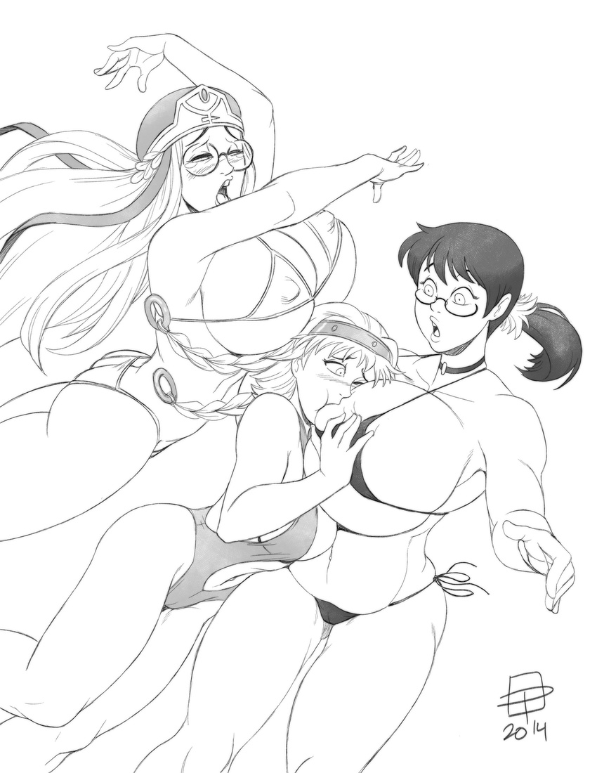 :o arms_up ass bikini blush breast_grab breast_press breast_smother breasts call_me_po cameltoe cattleya choker circlet cleavage covered_nipples flailing gigantic_breasts glasses grabbing greyscale hat highres huge_breasts large_breasts leina long_hair melpha micro_bikini monochrome multiple_girls one-piece_swimsuit ponytail queen's_blade side-tie_bikini simple_background surprised swimsuit thighs tripping white_background