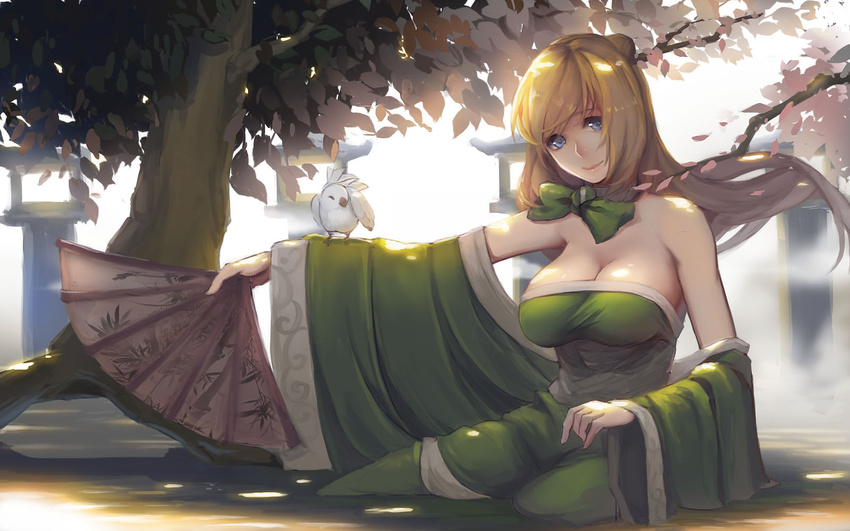 animal_on_arm bare_arms bare_shoulders bird bird_on_arm blonde_hair blue_eyes bow bowtie breasts cleavage dappled_sunlight day detached_sleeves dress fan floating_hair highres large_breasts leaf long_hair looking_at_viewer off_shoulder on_ground original outdoors pandea_work petals sitting solo stone_lantern strapless strapless_dress sunlight tree tree_branch wide_sleeves