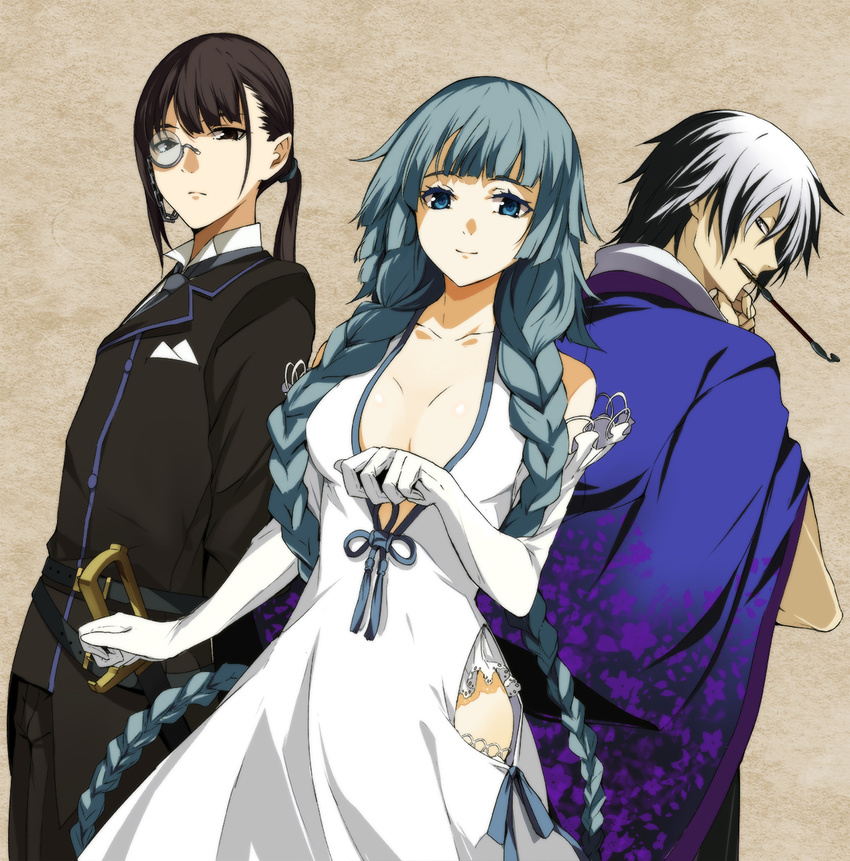 2boys aqua_eyes aqua_hair black_hair braid breasts cleavage dan_karuma dress elbow_gloves gloves highres japanese_clothes kimono kiseru kurana_munefuyu large_breasts long_hair monocle multiple_boys pipe ponytail smile soushuu_senshinkan_gakuen_hachimyoujin sword tatsumiya_yurika twin_braids very_long_hair weapon white_dress yuunagi_(seventh_heaven)