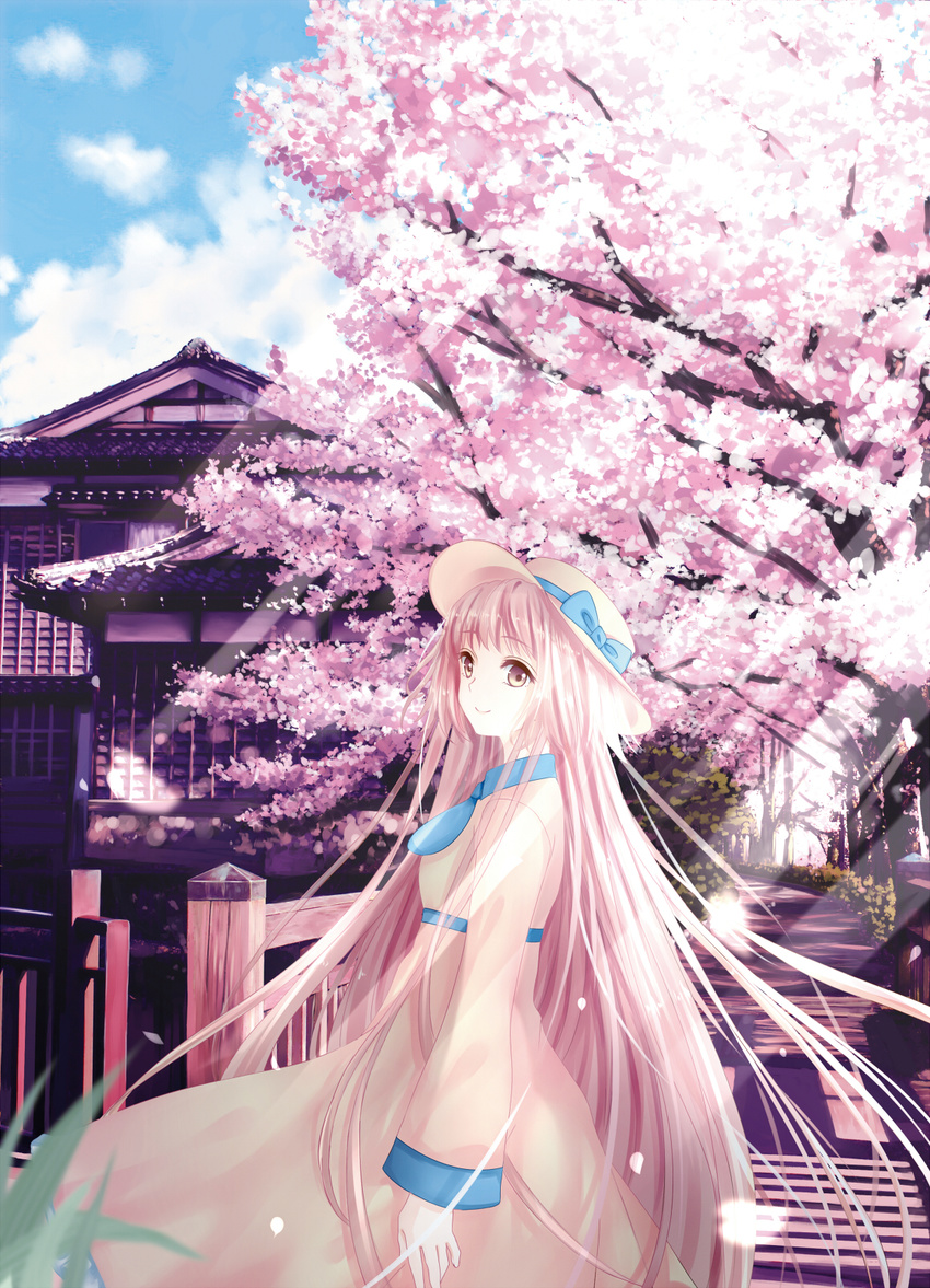 architecture blurry brown_eyes brown_hair building cherry_blossoms day depth_of_field dress east_asian_architecture hanato_kobato hat hat_ribbon highres kobato. long_hair long_sleeves merier outdoors petals pink_hair ribbon road sky solo sunlight tree very_long_hair yellow_dress yellow_eyes