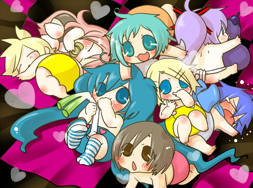 &gt;_&lt; 5girls ahoge aqua_eyes aqua_hair baby bad_id bad_pixiv_id blonde_hair blue_eyes blue_hair blush brown_eyes brown_hair closed_eyes eggplant gumi hatsune_miku kagamine_len kagamine_rin kaito kamui_gakupo long_hair megurine_luka meiko multiple_boys multiple_girls pink_hair purple_hair sabuibo_maru short_hair sleeping smile socks spring_onion striped striped_legwear vocaloid world_is_mine_(vocaloid)