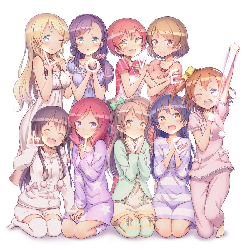 :d ;) ;d ^_^ alternate_hairstyle ayase_eli barefoot blonde_hair blush closed_eyes colored_stripes commentary_request copyright_name hair_down highres hoshizora_rin koizumi_hanayo kousaka_honoka kuinji_51go letter_pose long_hair looking_at_viewer love_live! love_live!_school_idol_project minami_kotori multiple_girls nishikino_maki one_eye_closed open_mouth pajamas pale_color pastel_colors pom_pom_(clothes) single_letter smile sonoda_umi star star_print striped striped_legwear thighhighs toujou_nozomi yazawa_nico